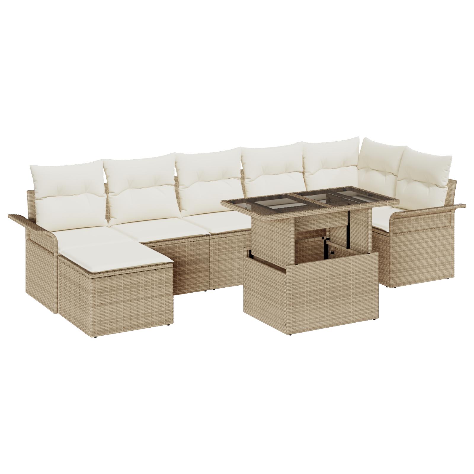 8-stykker Have Sofa Sæt med puder Beige Poly Rattan&& 2-sæders Have Sofa med opbevaring og puder Beige Poly Rattan