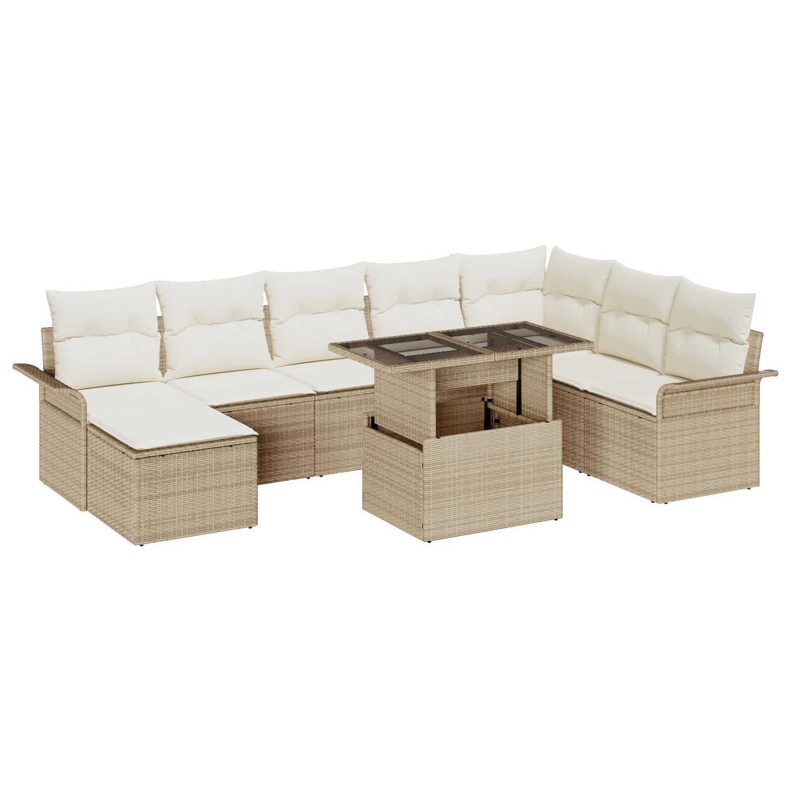 9 Stykke Have Sofa Sæt med Puder Beige Poly Rattan&& 2-personers Have Sofa med Opbevaring & Puder Beige Poly Rattan