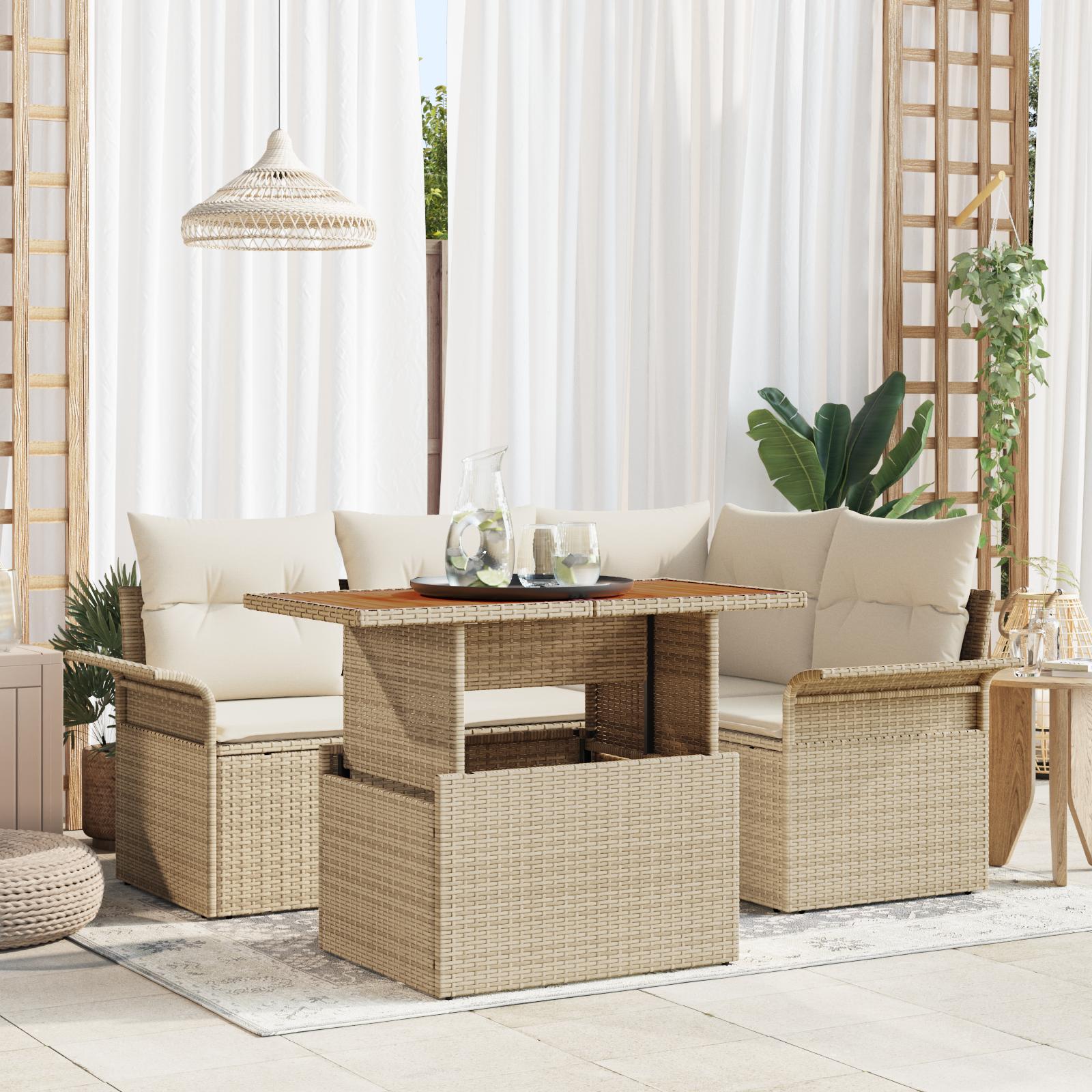 5-delt havesofa sæt med puder Beige Poly Rattan&& 2-personers havesofa med opbevaring & puder Beige Poly Rattan