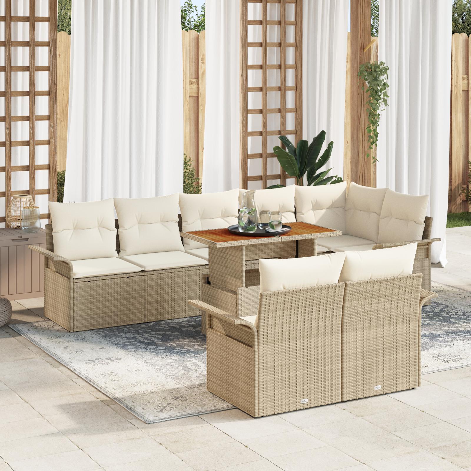 9-delt havesofa sæt med puder beige poly rattan&& 2-personers havesofa med opbevaring & puder beige poly rattan