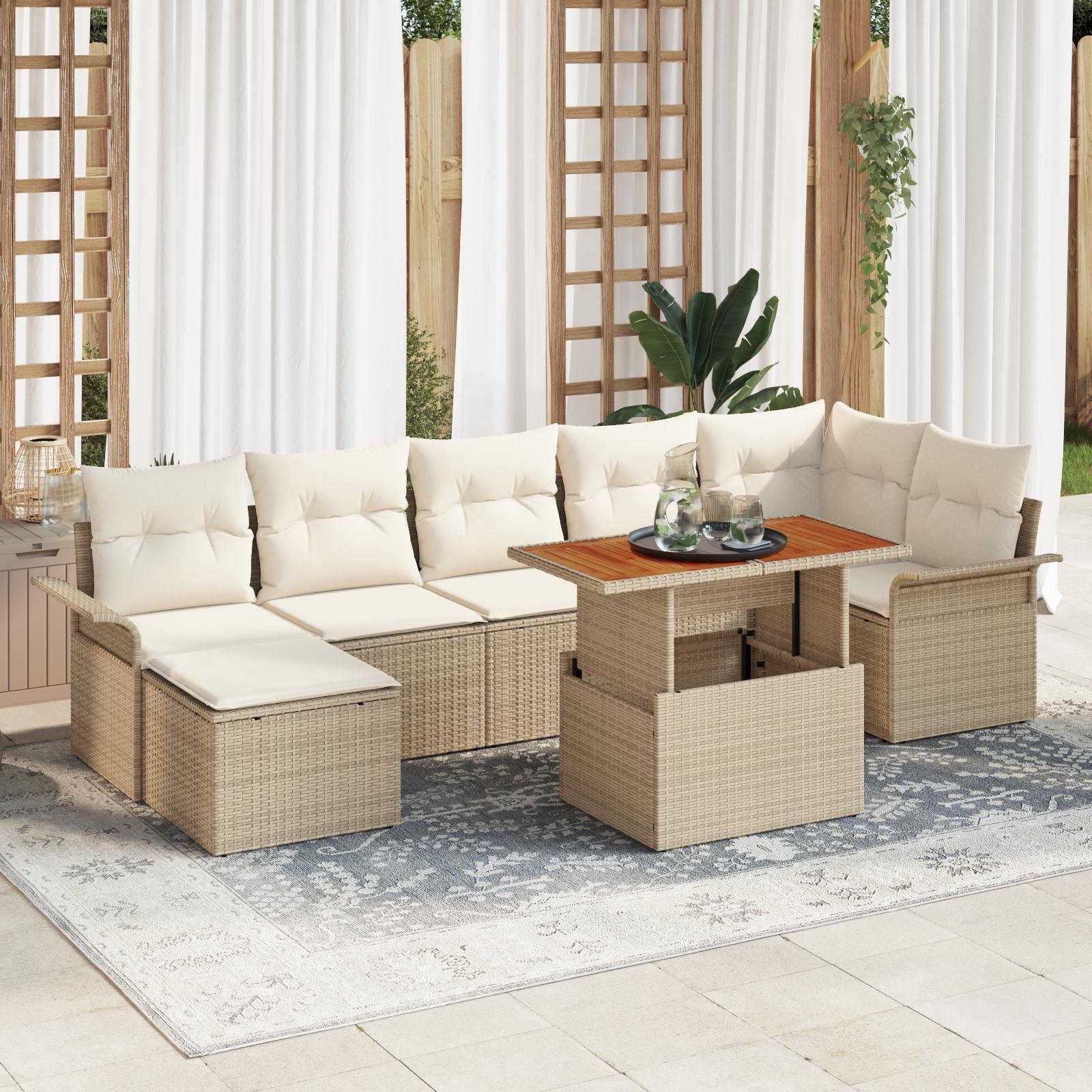 8 Stykker Havesofa Sæt med Puder Beige Poly Rattan&& 2-personers Havesofa med Opbevaring og Puder Beige Poly Rattan