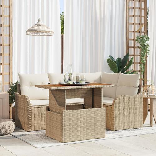 5-delers Havemøbel Sæt med Puder Beige Poly Rattan&& 2-personers Havemøbel Sofa med Opbevaring & Puder Beige Poly Rattan