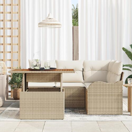 5-delers Havemøbel Sæt med Puder Beige Poly Rattan&& 2-personers Havemøbel Sofa med Opbevaring & Puder Beige Poly Rattan