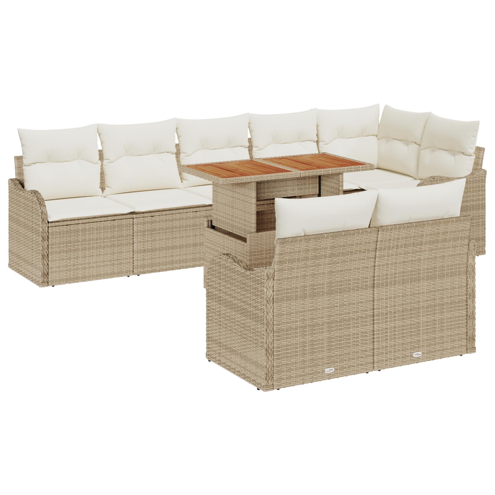9-delt havesofa sæt med puder beige poly rattan&& 2-personers havesofa med opbevaring & puder beige poly rattan
