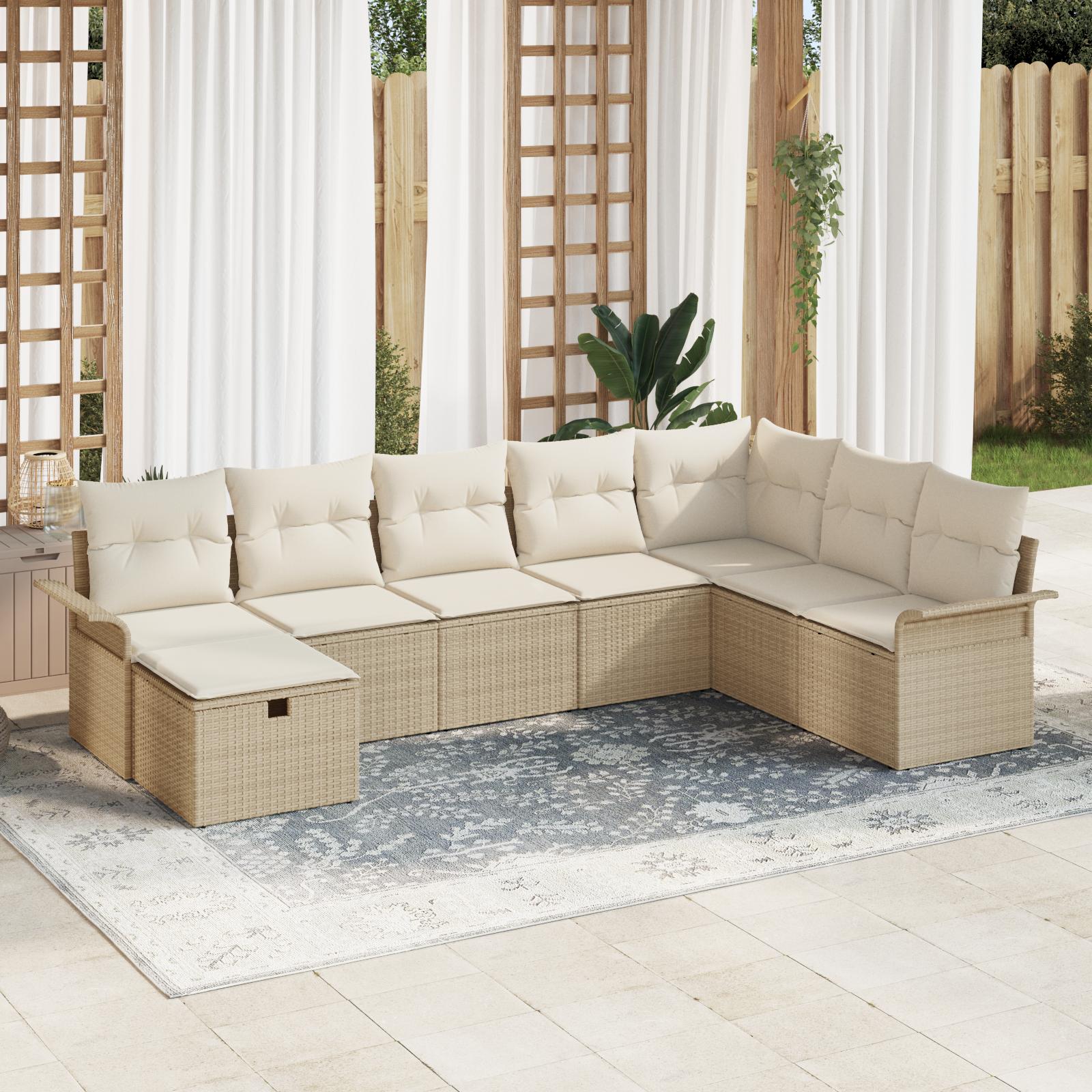 8 Deles Have Sofa Sæt med Puder Beige Poly Rattan&& 2-personers Have Sofa med Opbevaring & Puder Beige Poly Rattan