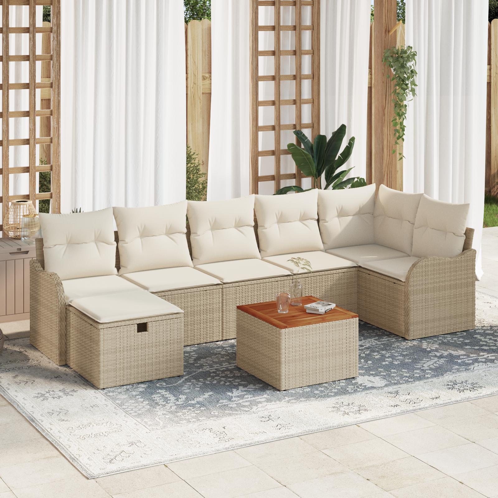 8 Stykker Have Sofa Sæt med Hynder Beige Poly Rattan&& 2-personers Have Sofa med Opbevaring & Hynder Beige Poly Rattan