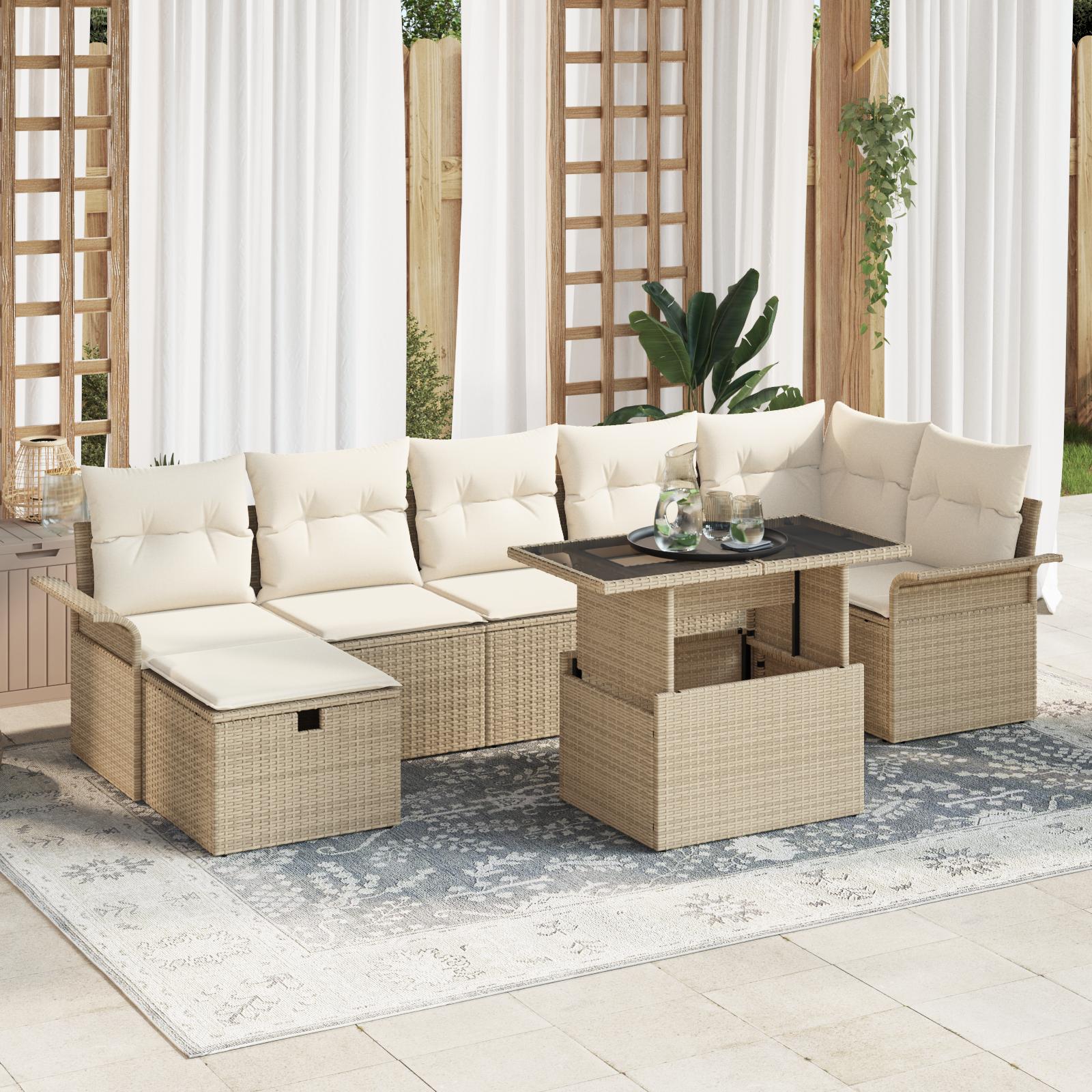8 Stykker Havemøbel Sofa Sæt med Puder Beige Poly Rattan&& 2-sæders Havemøbel Sofa med Opbevaring & Puder Beige Poly Rattan
