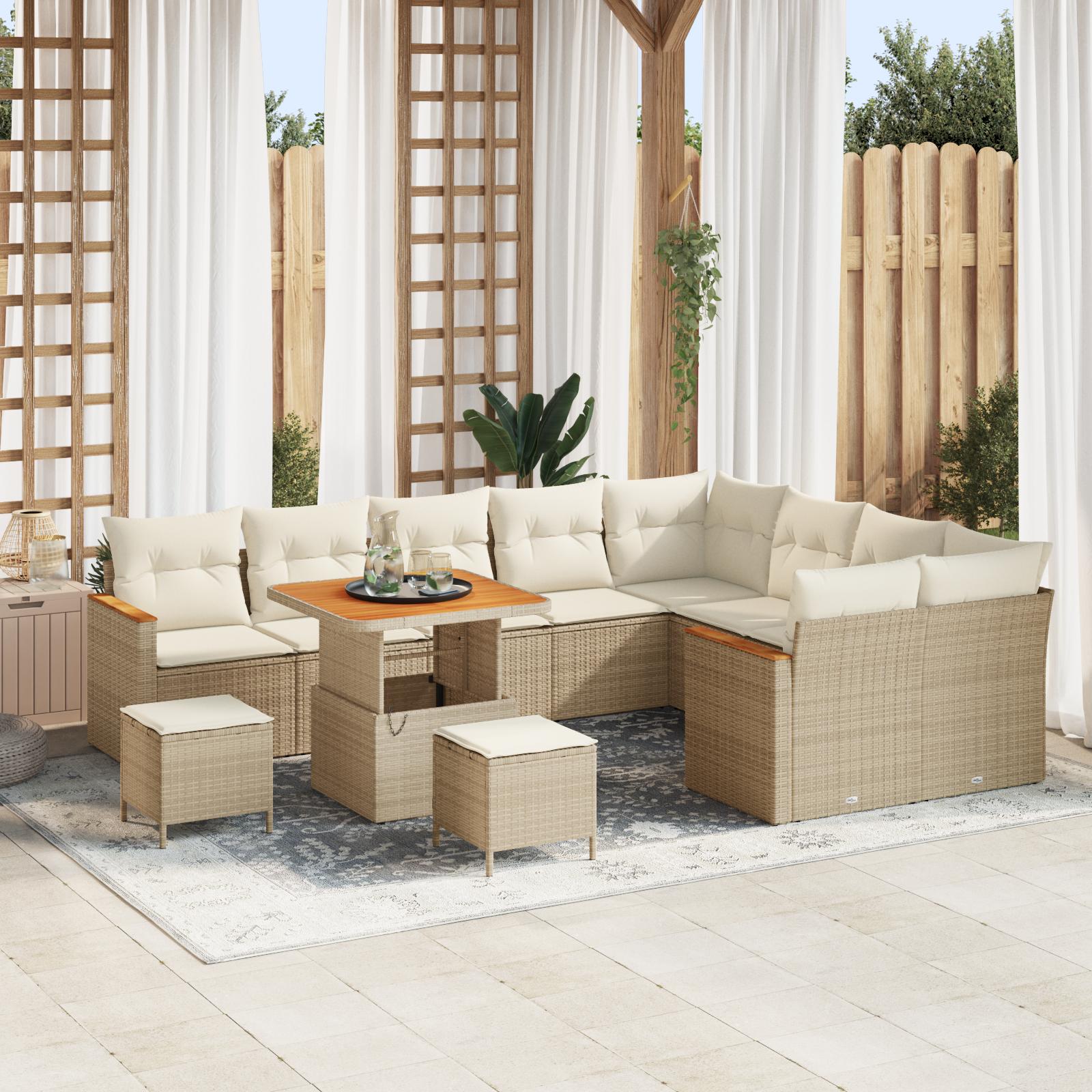 12-dele Have Sofa Set med Puder Beige Poly Rattan Akacia&& 3-dele Have Spisesæt med Puder Beige Poly Rattan Akacia