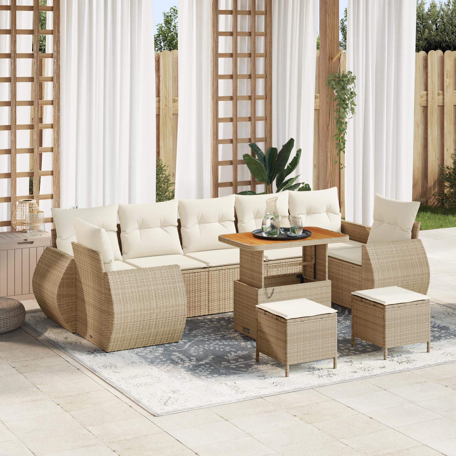 10 Deles Have Sofa Sæt med Hynder Beige Poly Rattan Akacia&& 3 Deles Have Spisesæt med Hynder Beige Poly Rattan Akacia