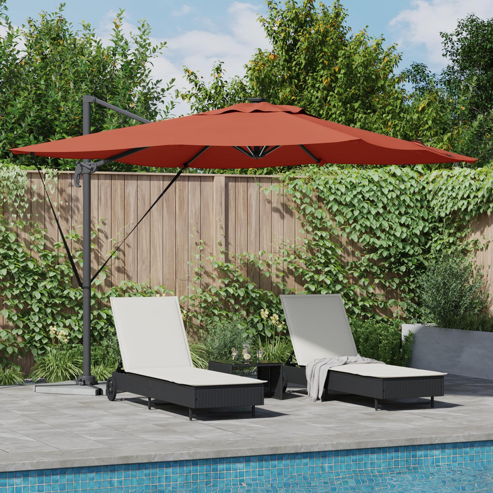 Roma Cantilever Parasol med LED'er i terracotta - 286 x 285 x 270 cm, Aluminium.