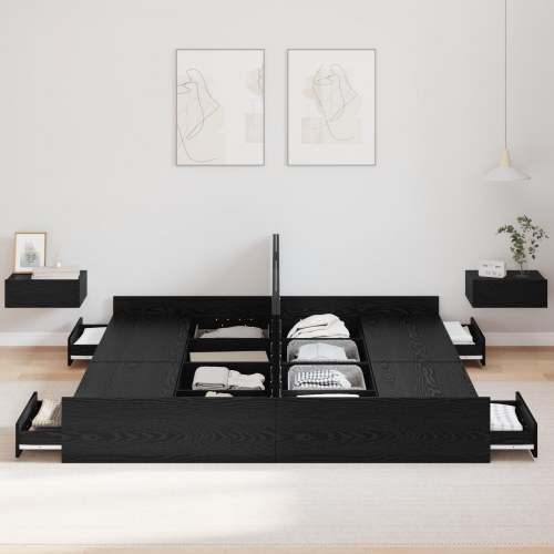 Sengeramme med opbevaring Sort eg 180 x 200 cm Konstrueret træ