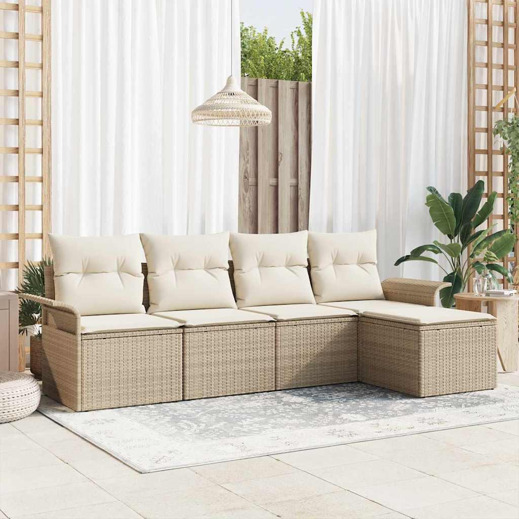 5-delt Have Sofa Sæt med Puder Beige Poly Rattan&& 2-personers Have Sofa med Opbevaring & Puder Beige Poly Rattan