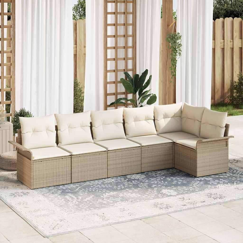 6-delt Have Sofa Sæt med Puder Beige Poly Rattan&& 2-personers Have Sofa med Opbevaring & Puder Beige Poly Rattan