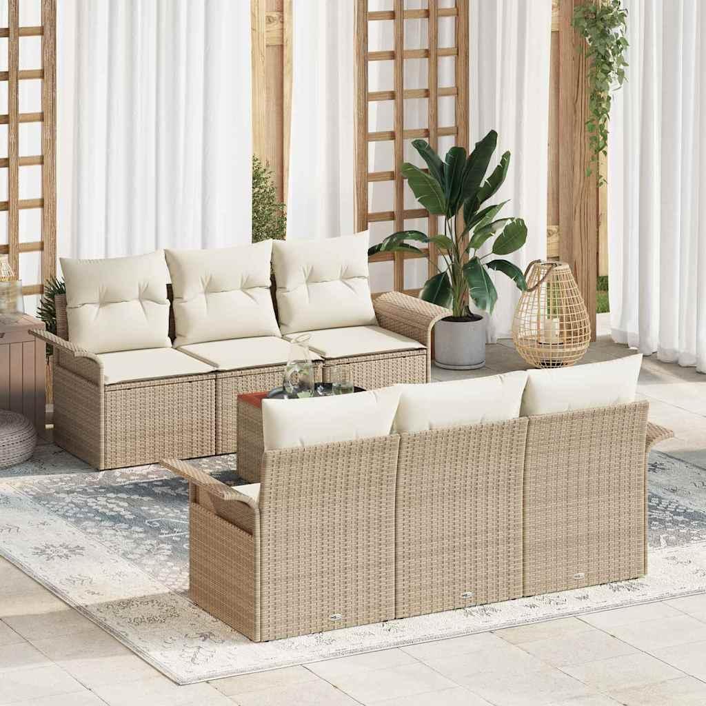 7 Stykke Have Sofa Sæt med Puder Beige Poly Rattan Akacietræ&& 2-Sæders Have Sofa med Opbevaring & Puder Beige Poly Rattan