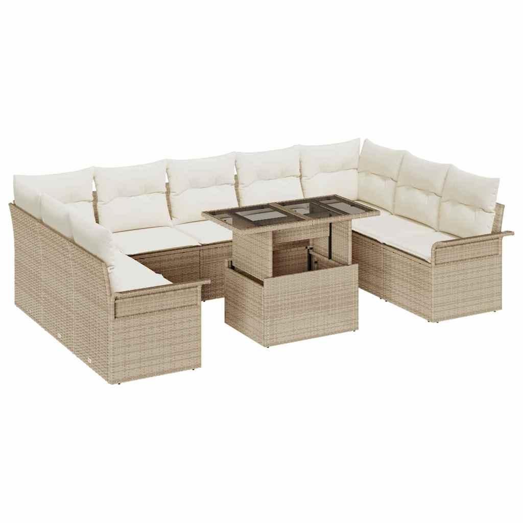 10 Stk Have Sofa Sæt med Puder Beige Poly Rattan&& 2-Sæders Have Sofa med Opbevaring & Puder Beige Poly Rattan
