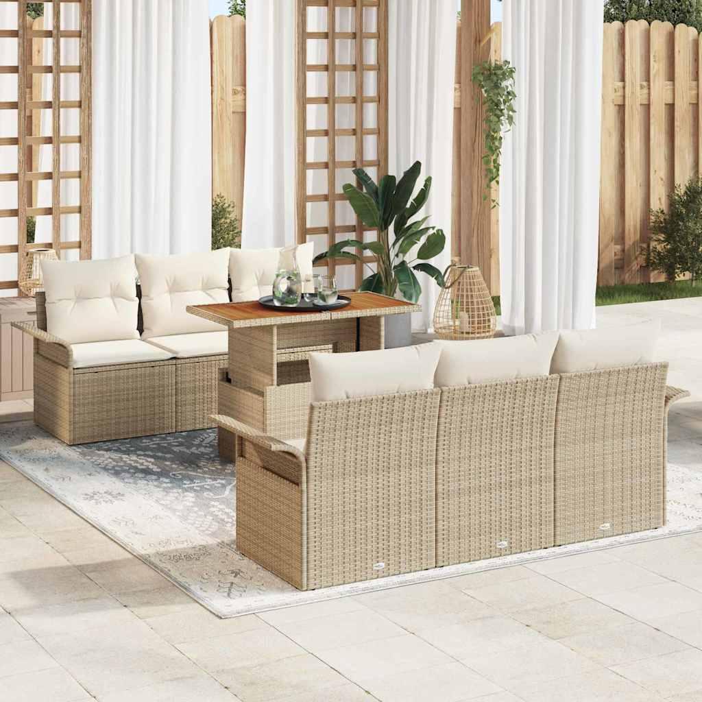 7 Delt Havesofa Sæt med Puder Beige Poly Rattan&& 2-sæders Havesofa med Opbevaring & Puder Beige Poly Rattan