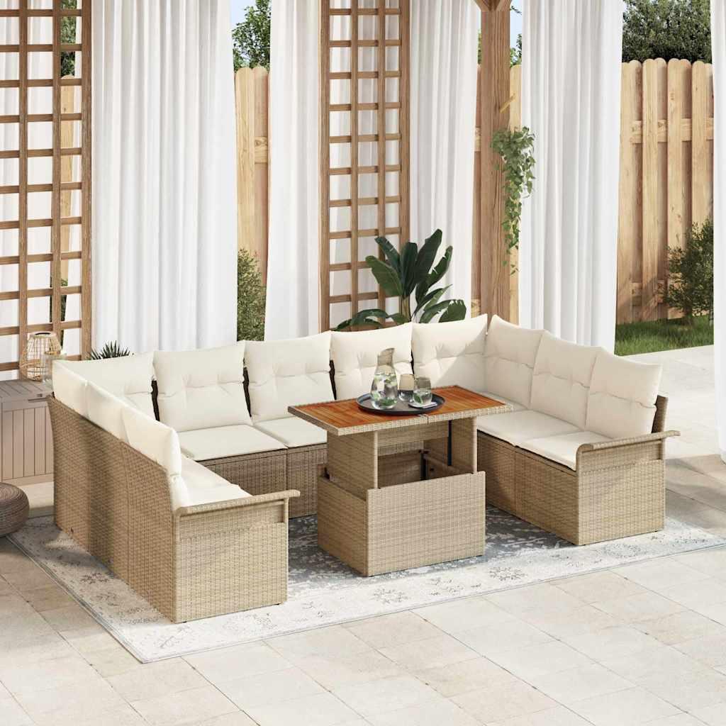 10-delt havesofasæt med puder beige poly rattan&& 2-personers havesofa med opbevaring og puder beige poly rattan