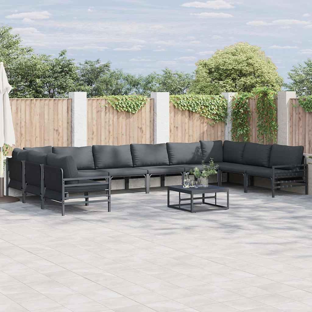 Havesofa sæt med puder - 10 dele, sort stål, stor loungesofa til terrasse og have billede