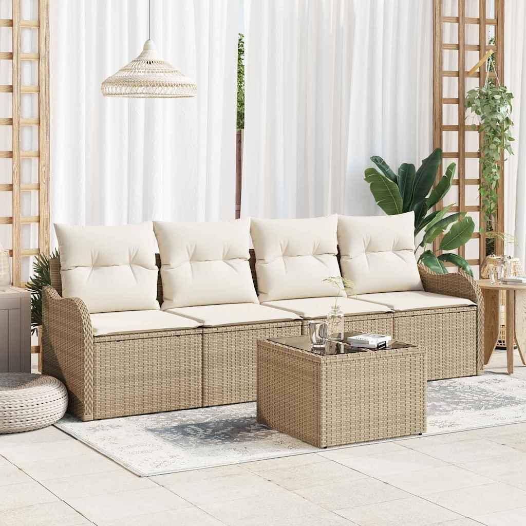 5 Stykker Have Sofa Sæt Med Puder Beige Poly Rattan&& 2-Sæders Have Sofa Med Opbevaring & Puder Beige Poly Rattan