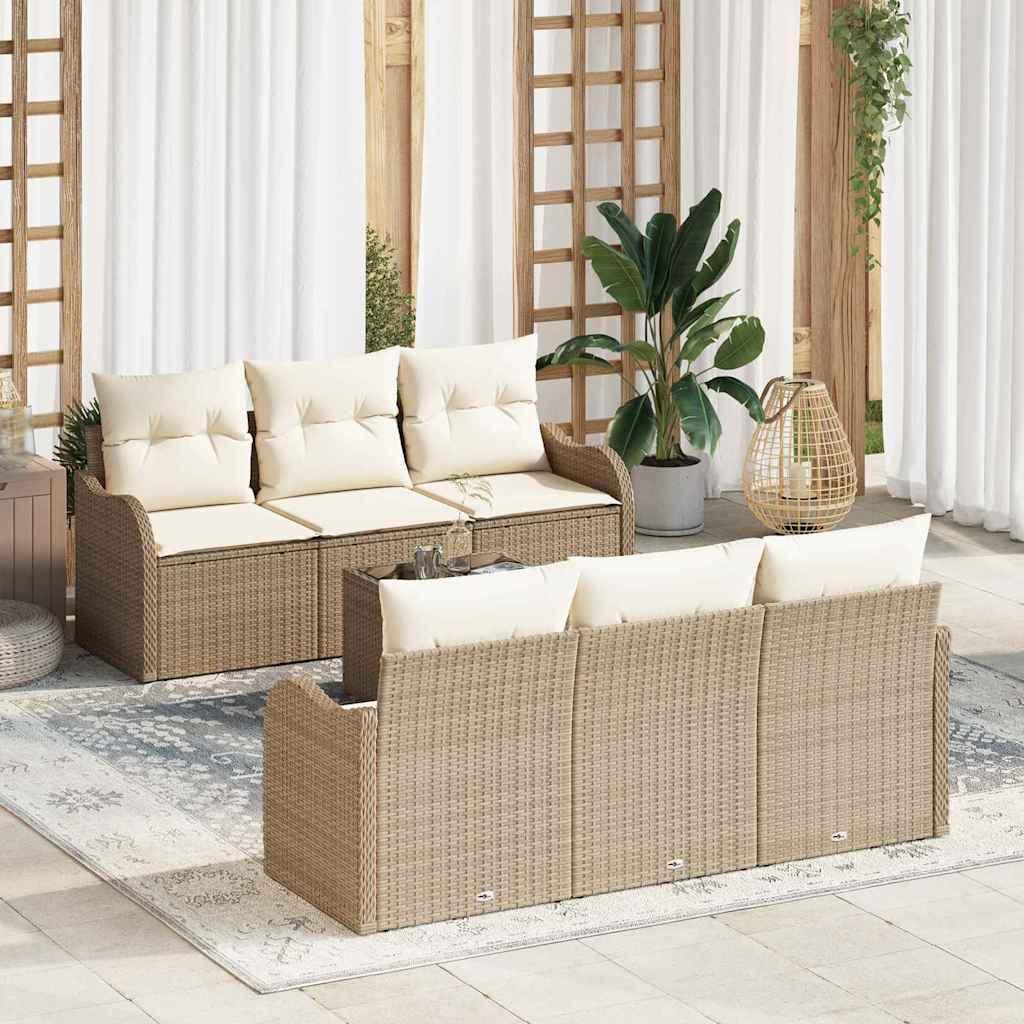 7 Delt Have Sofa Sæt med Puder Beige Poly Rattan&& 2-personers Have Sofa med Opbevaring & Puder Beige Poly Rattan