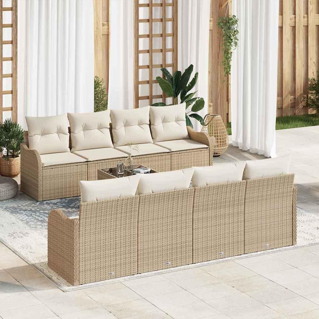 9 Stykker Havesofa Sæt med Puder Beige Poly Rattan&& 2-personers Havesofa med Opbevaring & Puder Beige Poly Rattan