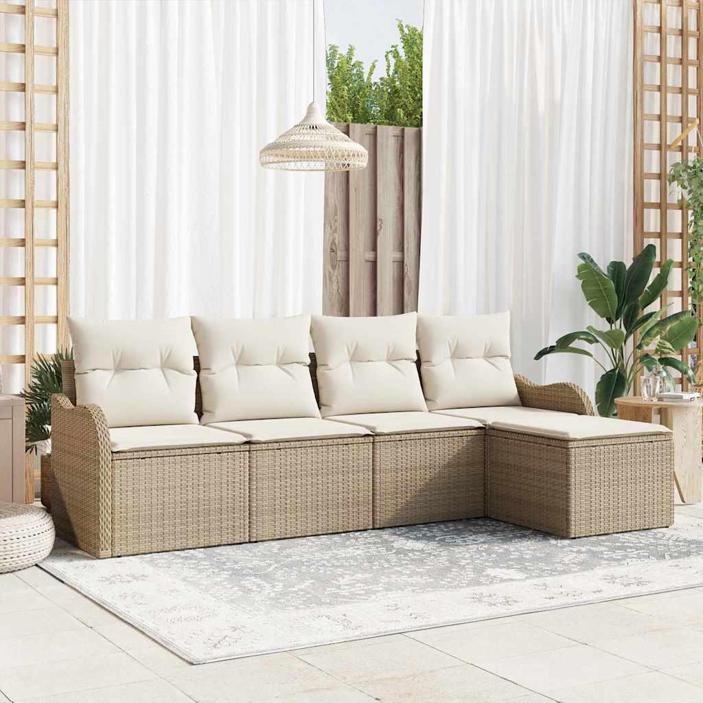 5-delt havesofa sæt med puder beige poly rattan&& 2-sæders havesofa med opbevaring & puder beige poly rattan