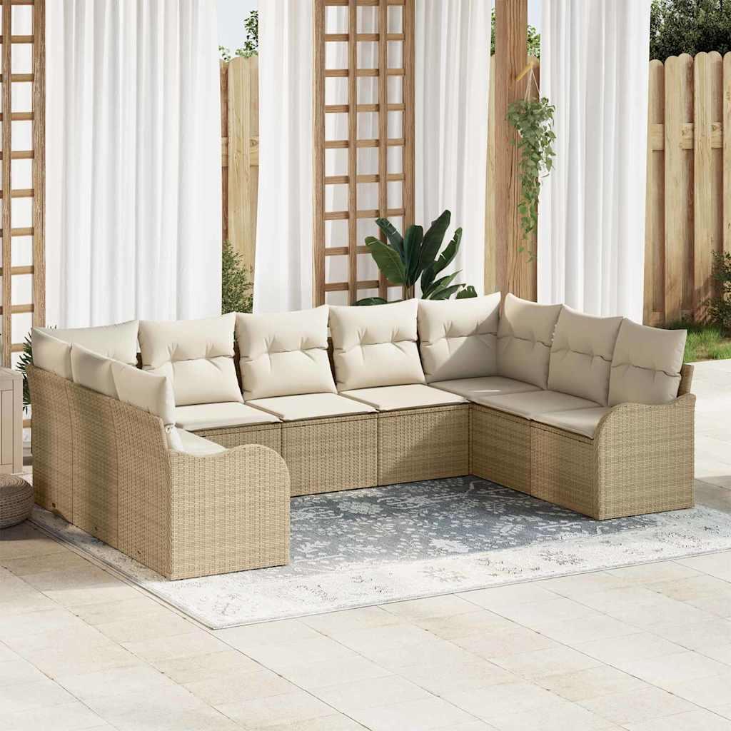 9-delt havesofa sæt med puder beige poly rattan&& 2-personers havesofa med opbevaring & puder beige poly rattan