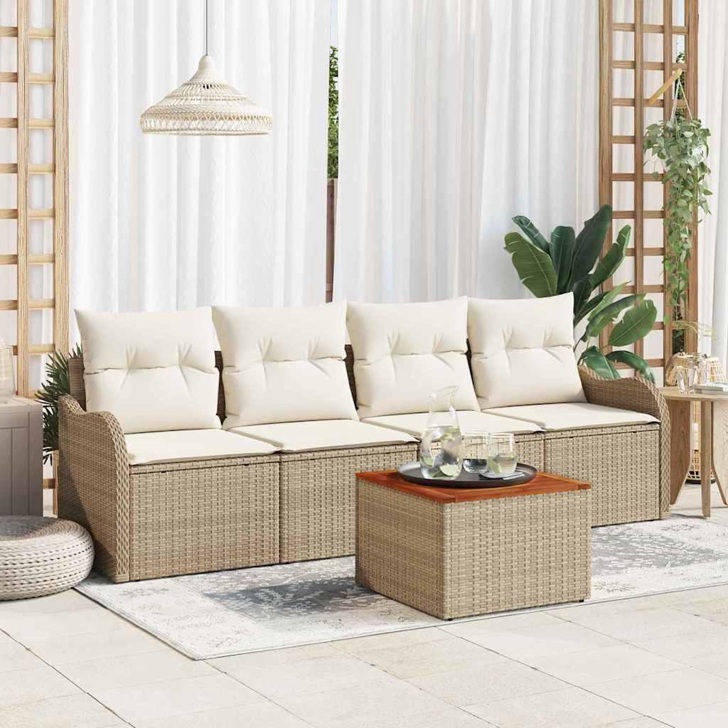 5 Stykker Have Sofa Sæt med Hynder Beige Poly Rattan Akacietræ&& 2-Sæders Have Sofa med Opbevaring & Hynder Beige Poly Rattan