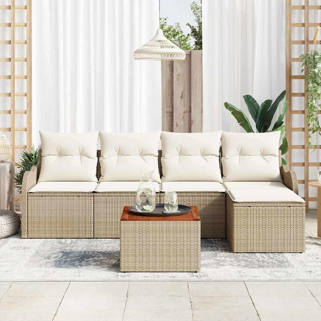 6-personers havemøbel sæt med hynder Beige Poly Rattan Akacie&& 2-personers havesofa med opbevaring & hynder Beige Poly Rattan