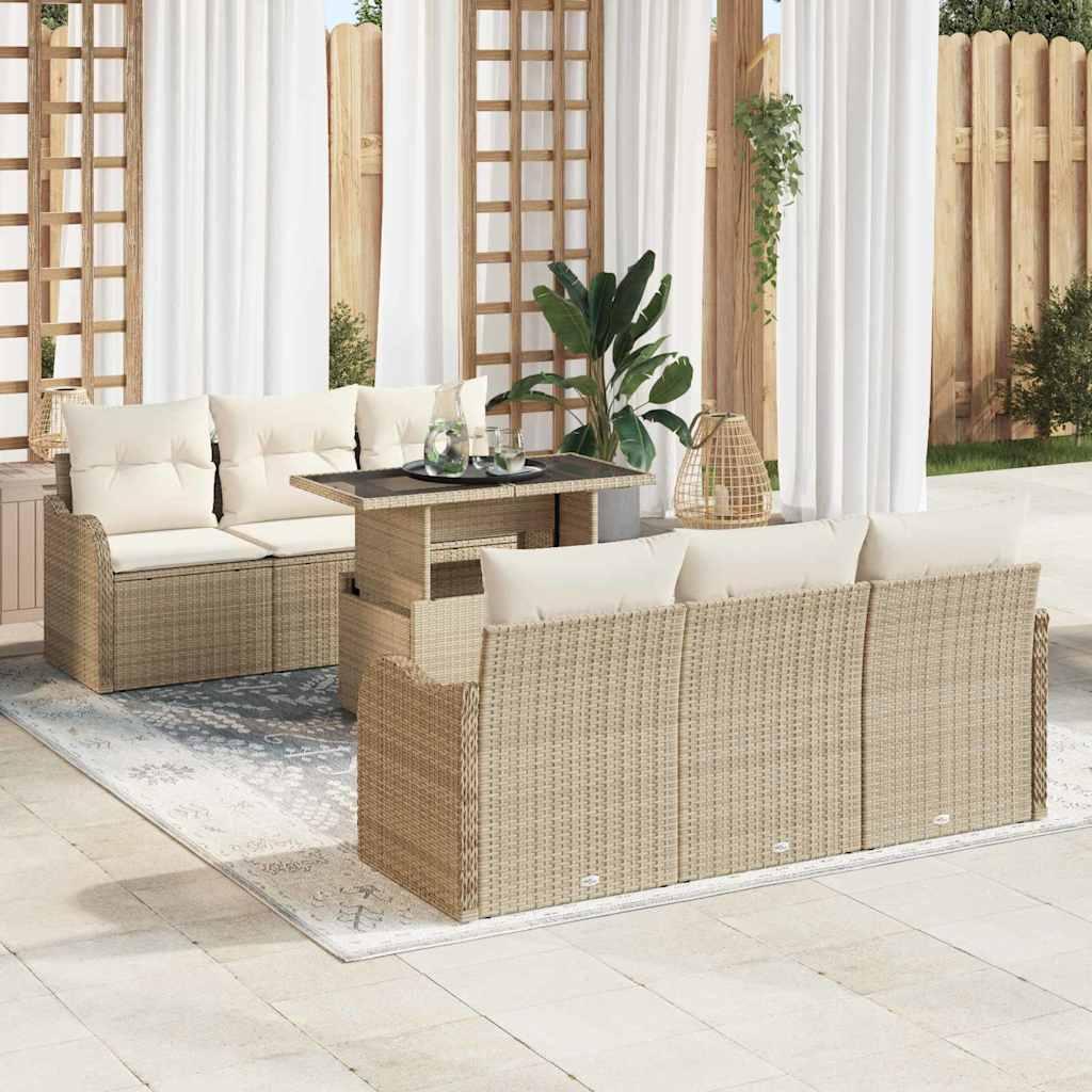 7 Personers Havesofa Sæt med Hynder Beige Poly Rattan&& 2-Personers Havesofa med Opbevaring & Hynder Beige Poly Rattan