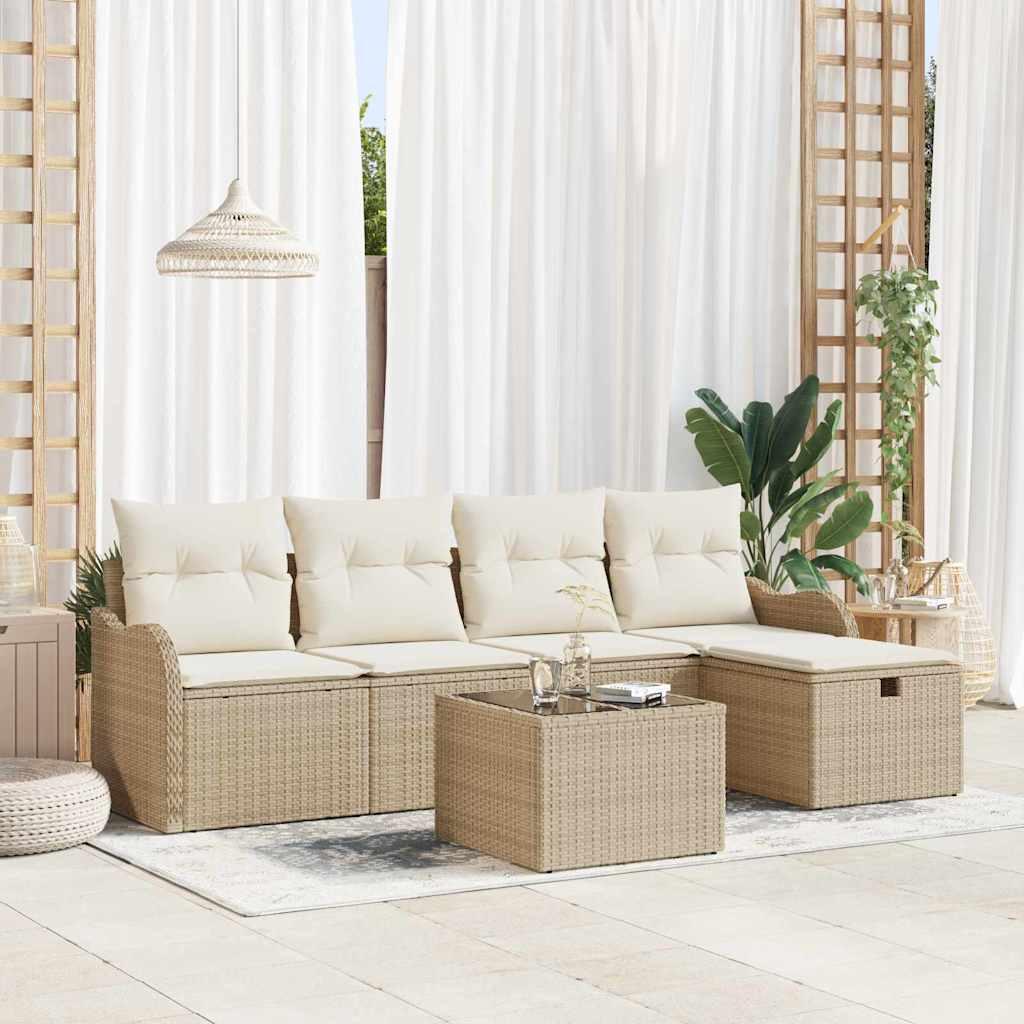 6 Stykke Have Sofa Sæt med Puder Beige Poly Rattan&& 2-Sæders Have Sofa med Opbevaring og Puder Beige Poly Rattan