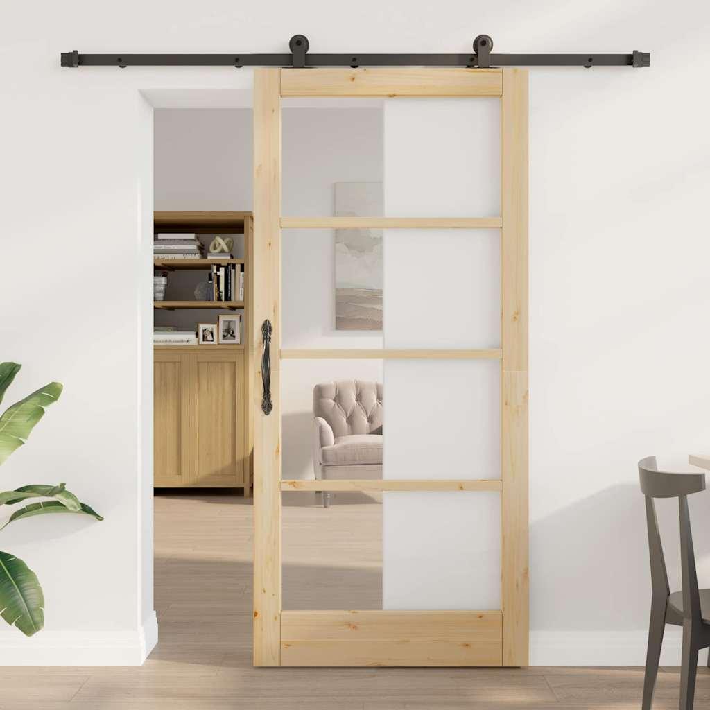 Skydedør ORKDAL - naturlig/sort 93 × 202 cm i fyrretræ og glas billede
