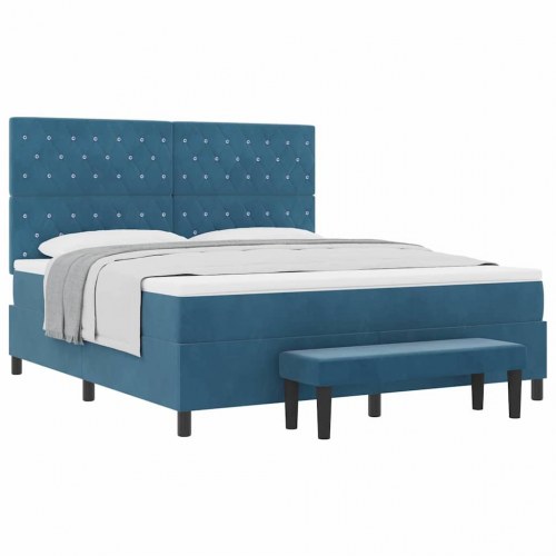 Boxspring Seng med Madras & Bænk Mørkeblå 180x200 cm Fløjl