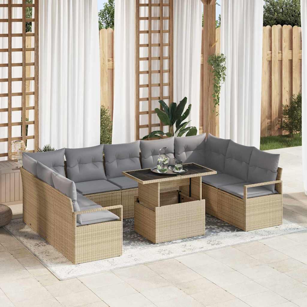10 Piece Have Sofa Sæt med Hynder Beige Poly Rattan&& 2-personers Have Sofa med Opbevaring & Hynder Beige Poly Rattan