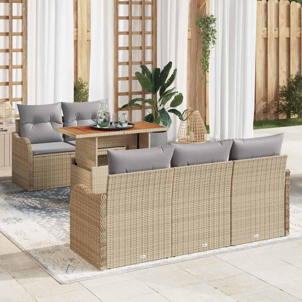 6-delt Have Sofa Sæt med Puder Beige Poly Rattan&& 2-sæde Have Sofa med Opbevaring & Puder Beige Poly Rattan