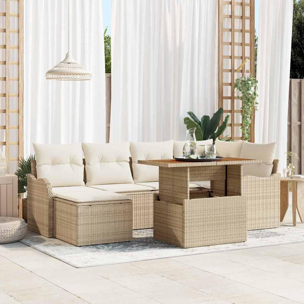7 Stykke Have Sofa Sæt med Puder Beige Poly Rattan&& 2-sæders Have Sofa med Opbevaring & Puder Beige Poly Rattan