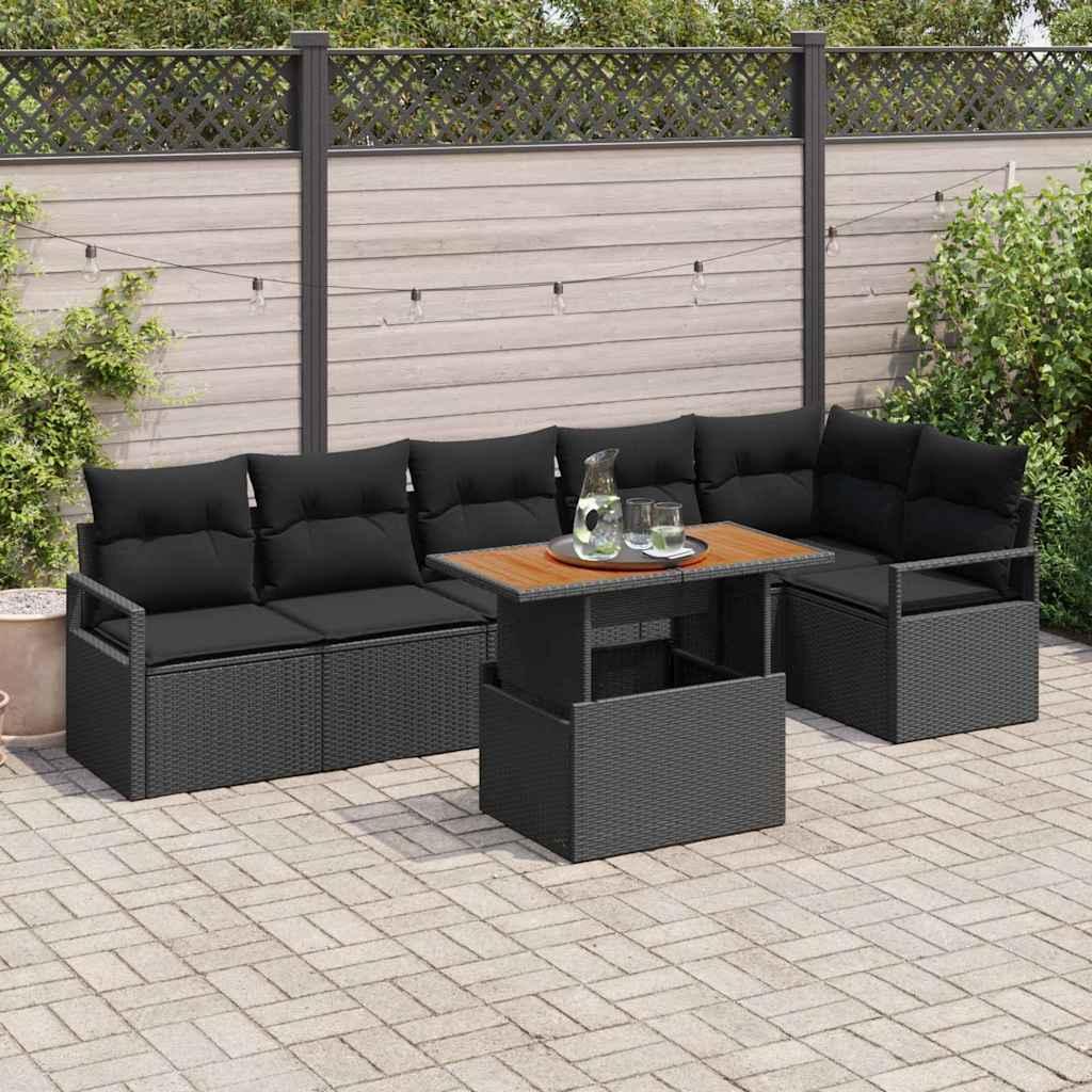 7 Stk. Havesofa Sæt med Puder Sort Poly Rattan&& 2-personers Havesofa med Opbevaring & Puder Sort Poly Rattan