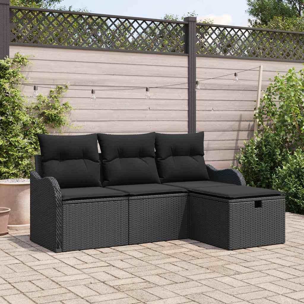 Havesofa Sæt med pude 4 stk Sort 176 x 117 x 85 cm Poly rattan billede