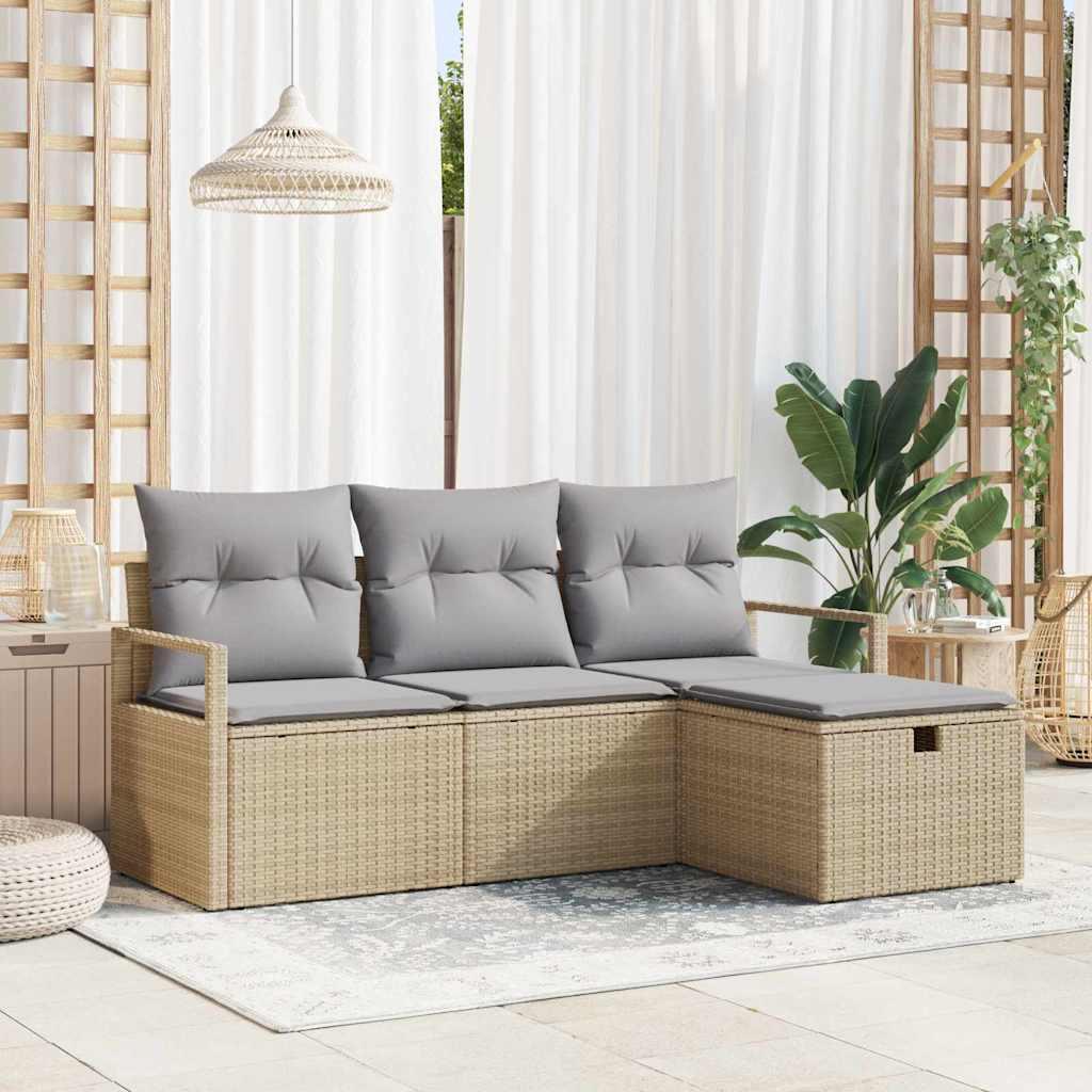 4 Piece Garden Sofa Set med Puder Beige Poly Rattan&& 2-Sæders Havestol med Puder Beige Poly Rattan