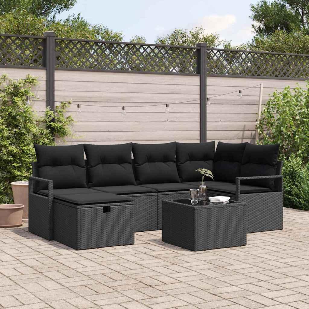 Havesofa Sæt med pude 7 stk Sort 232 x 122 x 85 cm Poly rattan billede