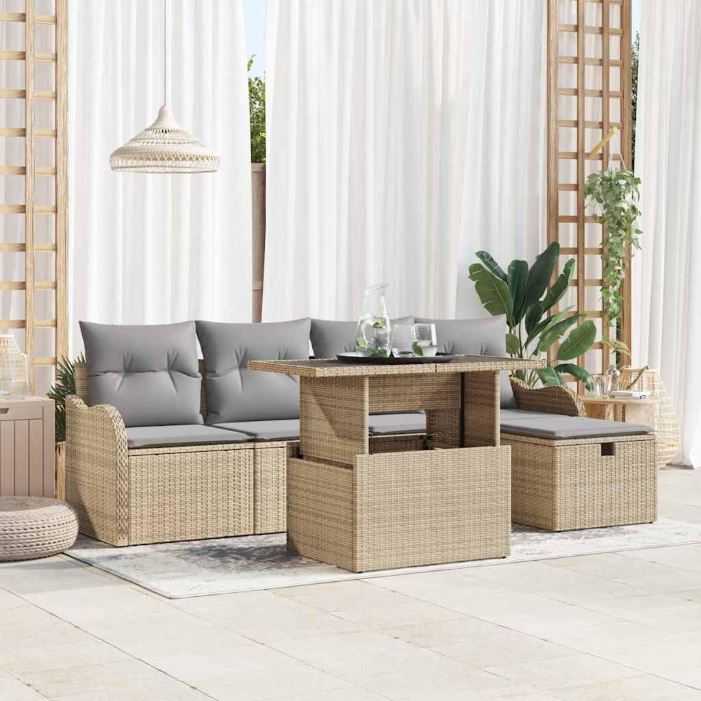 6 Dele Have Sofa Sæt med Hynder Beige Poly Rattan&& 2-Personers Have Sofa med Hynder Beige Poly Rattan