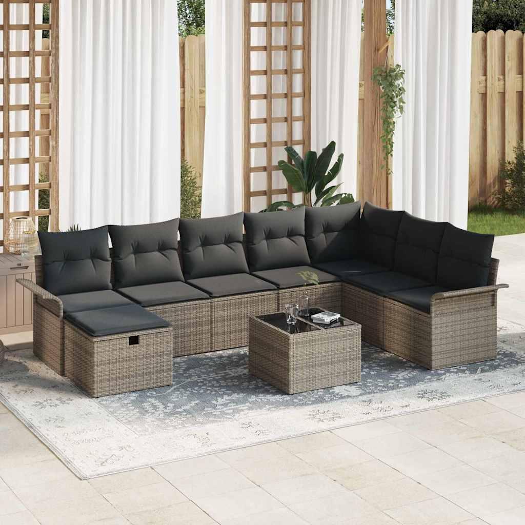 Havesofa Sæt med pude med opbevaring 9 stk Grå Poly rattan billede