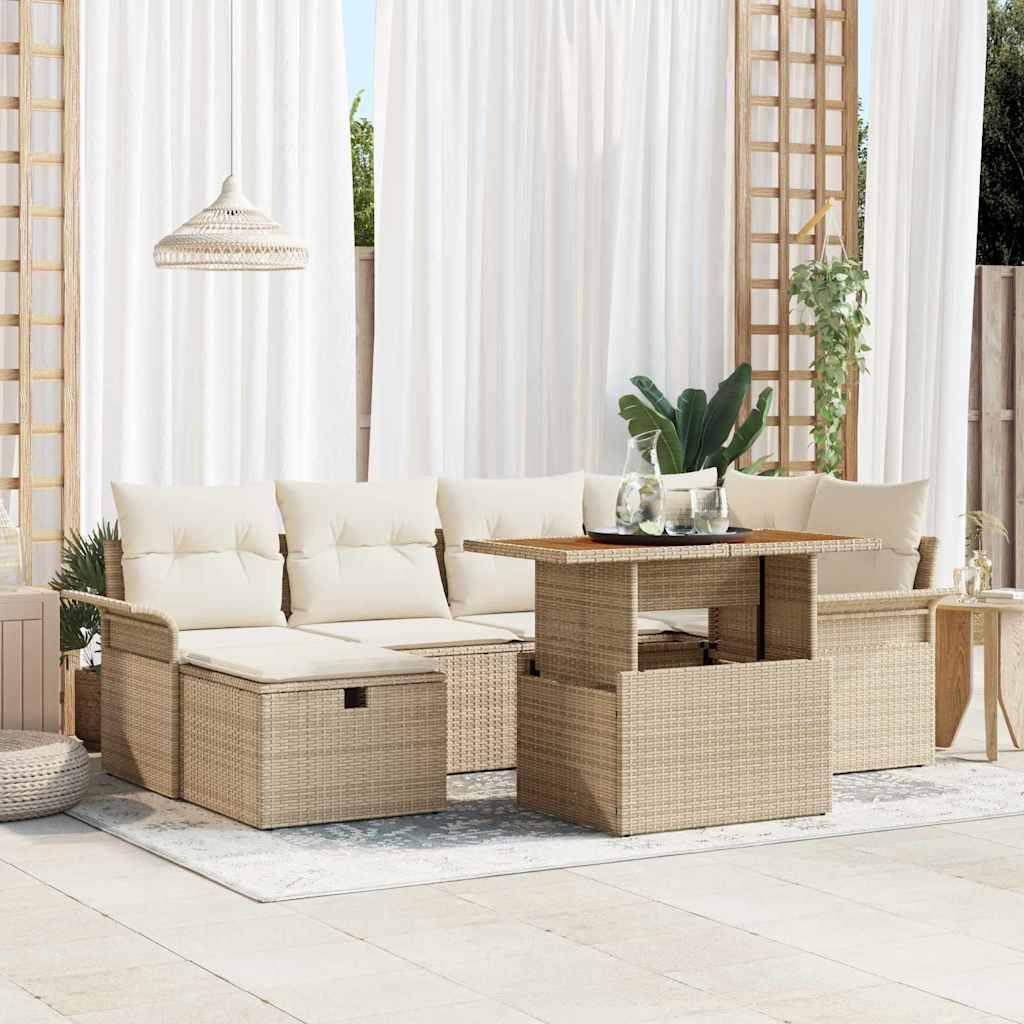 Havesofa sÃ¦t i beige polyrattan - 7 dele med justerbar ryg og akacietrÃ¦sbord billede