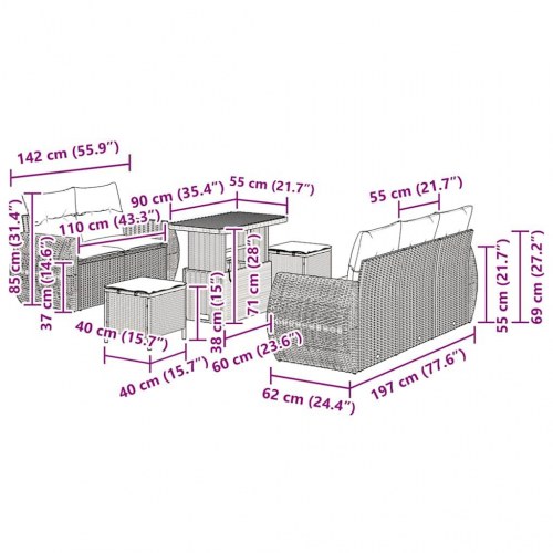 8 Stykke Havesofa Sæt Med Puder Beige Poly Rattan Akacietræ&& 3 Stykke Havespisestol Sæt Med Puder Beige Poly Rattan Akacietræ