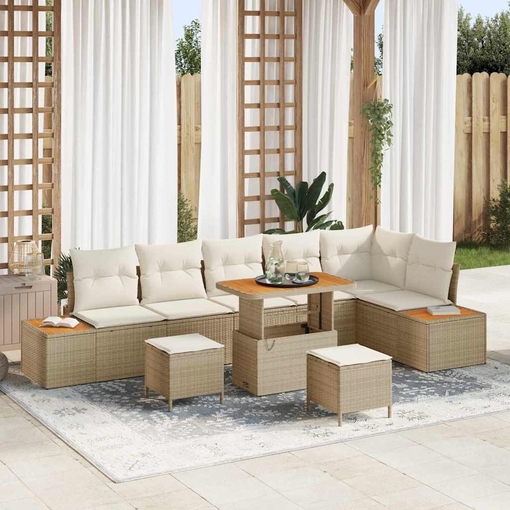 9 Piece Have Sofa Sæt med Puder Beige Poly Rattan Akacia&& 3 Piece Have Spise Sæt med Puder Beige Poly Rattan Akacia