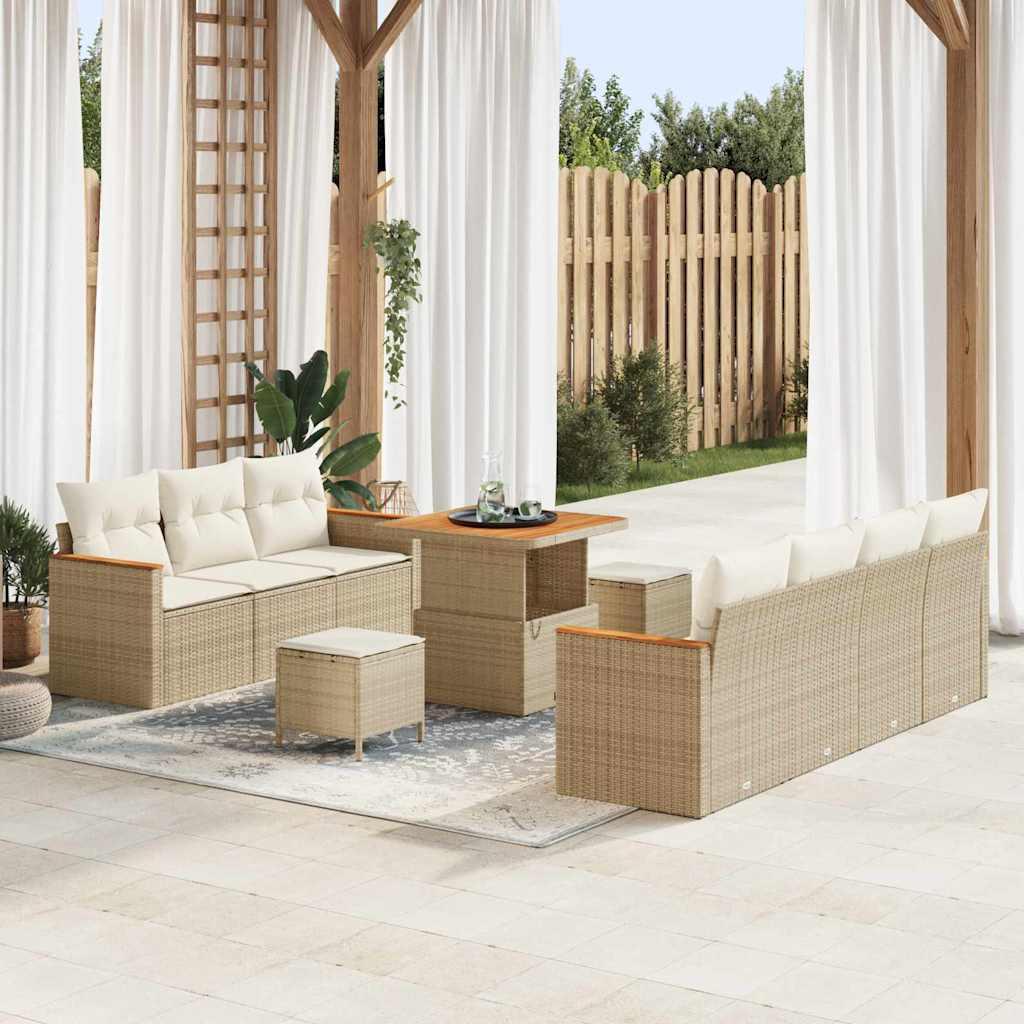 10 Stykke Have Sofa Sæt med Hynder Beige Poly Rattan Akacia&& 3 Stykke Have Dining Sæt med Hynder Beige Poly Rattan Akacia