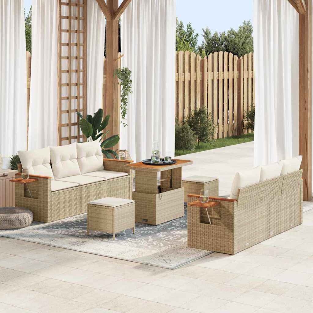 9 Deles Havesofa Sæt med Hynder Beige Poly Rattan Akacie&& 3 Deles Have Spisesæt med Hynder Beige Poly Rattan Akacie