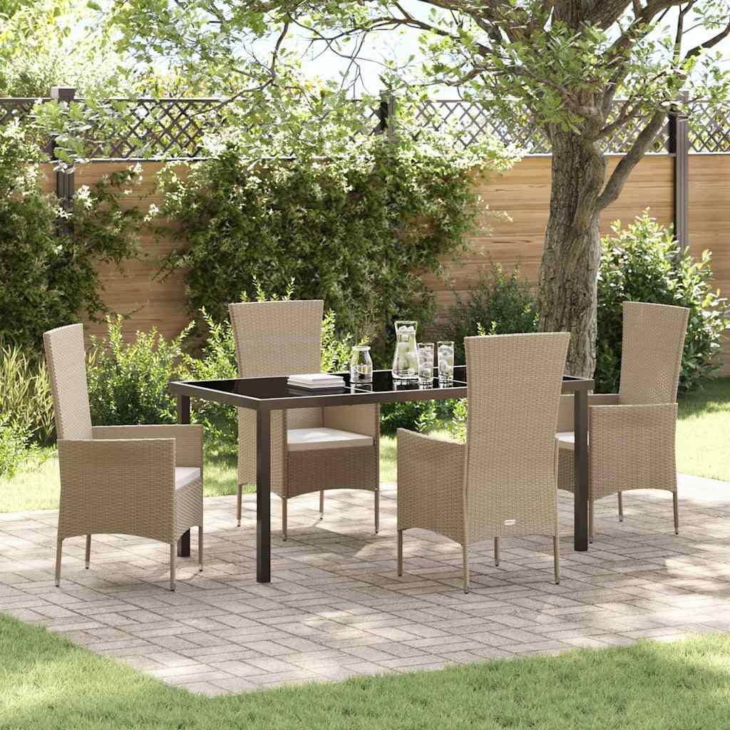5 stykker have spisesæt med hynder lys beige poly rattan&& havebord sort 160x80x73 cm hærdet glas