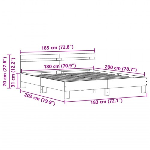 Sengeramme i konstrueret træ - 203 × 185 × 70 cm, farve gammelt træ