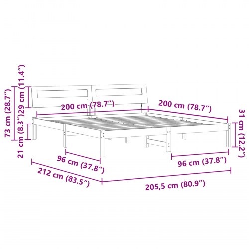 Sengestel med hovedgærde i massiv fyrretræ 200 x 200 cm - brun